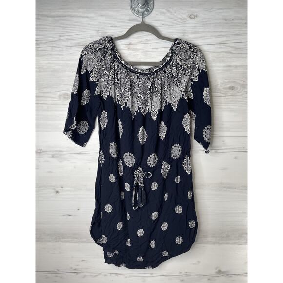 Blue Island Dress Womens Medium Navy White Paisley Boho Tunic Rayon Tassel Tie - Picture 1 of 10